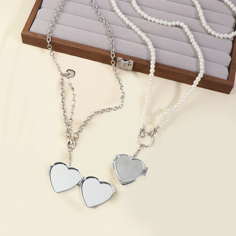 Ins Pearl Crossbody Shoulder Bag Chain Long Necklace W/Heart Mirror Pendant Pearl Shoudler Chain Personality Collares Jewelry