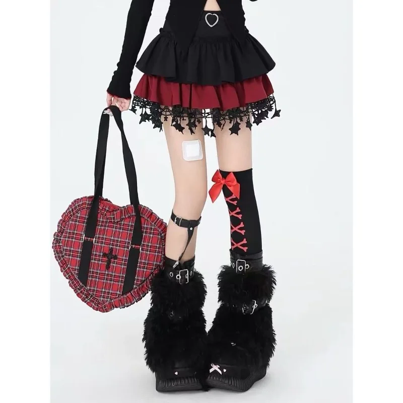 Subcultural High Waist A-line All Match High Street Skirts Y2k Aesthetic Spliced Star Lace Tassel Women Jupe Harajuku Punk Skirt