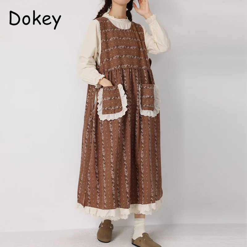 Japan style Mori Girl Print Tank Dress donna Summer Vintage Flower o-collo senza maniche allentato Kawaii Cotton Linen Vestidos Female