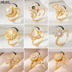 Fashion Fidget Spinner Ring Anxiety for Women Multiple Crystal Flower Plant Finger Ring Girls Rotate Anti Stress Wedding Jewelry