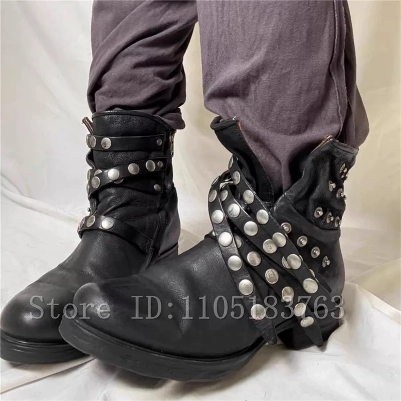 Botas Góticas Plateadas con Tachuelas para Hombre, Estilo Vintage, Punta Redonda, Cierre de Cremallera, Tacón Bajo, Botas Punk Biker para Uso Casual y Urbano