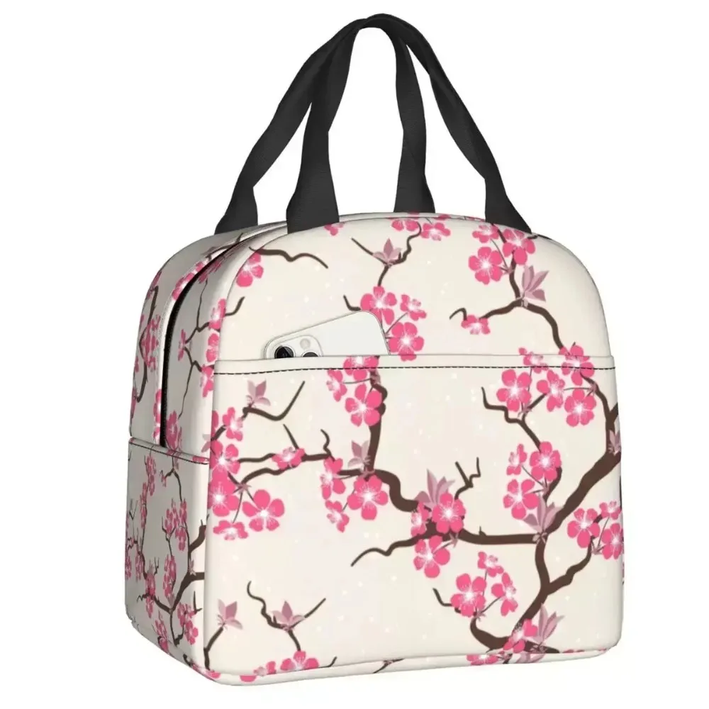 2024New Japanese Sakura Flowers Insulated Lunch Bag For Cherry Blossom Floral Cooler Thermal Lunch Box Beach Camping Travel