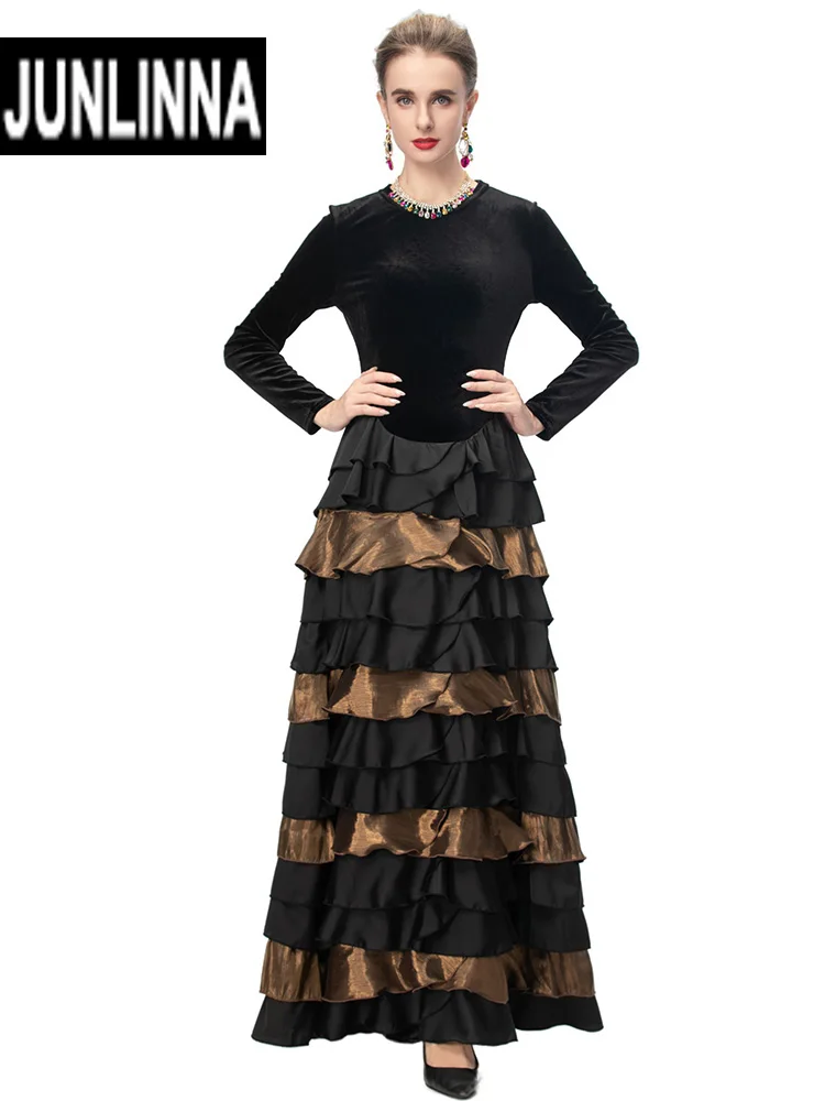 

JUNLINNA Fashionable Women Runway Dress Velvet Patchwork Autumn Winter Lady Party Vestidos Appliques Flower Ruffles Elegant