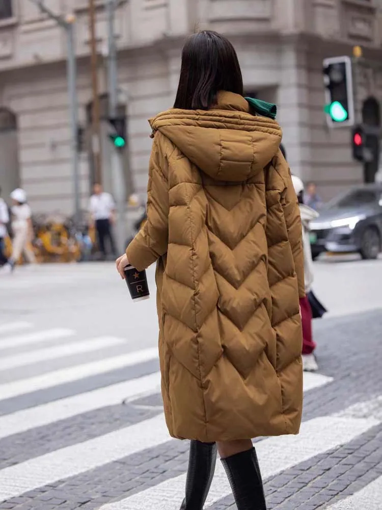 Luksusowa damska długa kurtka puchowa z gęsiego puchu Oversize 2025 Winter Warm Brown puffer coat with hooded Casual outerwear INKEO DJ525