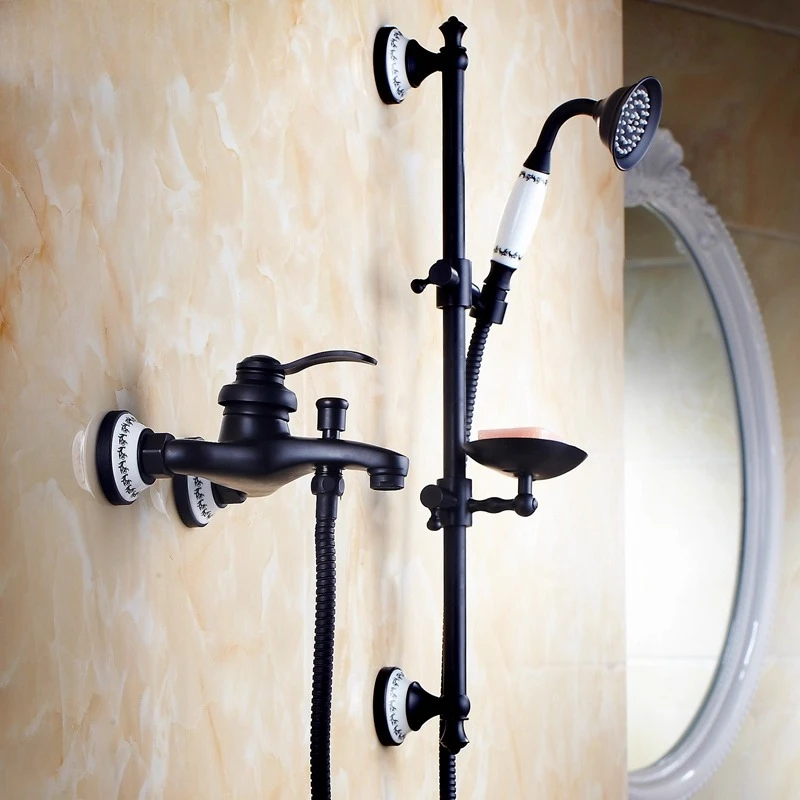 Black Shower Faucet Antique Brass Showerhead Set European Style Bathroom Faucet Adjustable Height