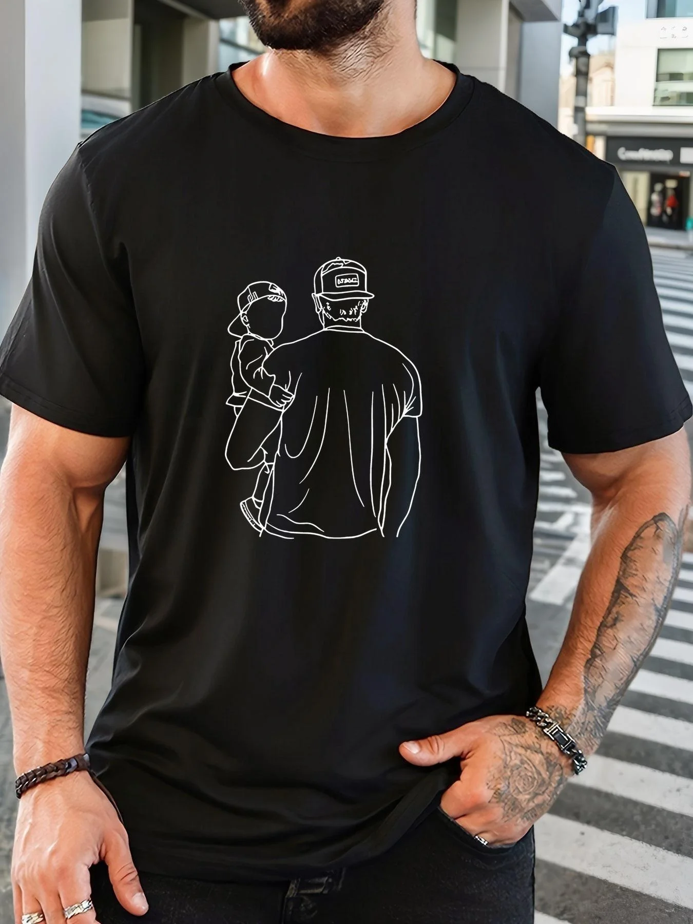 Men'S T-Shirt Featuring A Line Drawing of A Father and Son Back-To-Back. Short-Sleeved Casual T-Shirt, Soft and Comfortable Regular Fit Top, Suitable for Everyday Wear