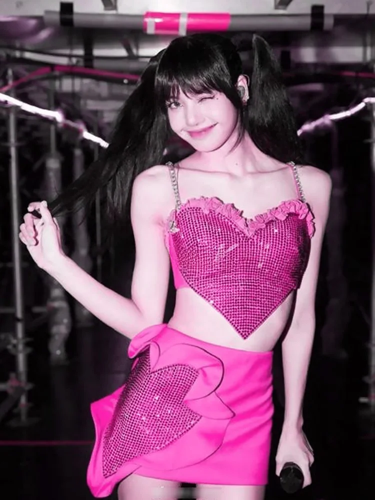 Sexy Crystal Strap Heart Top Bottom Set Performance Costume Stage Performance Outfit  Lisa Fan Merchandise