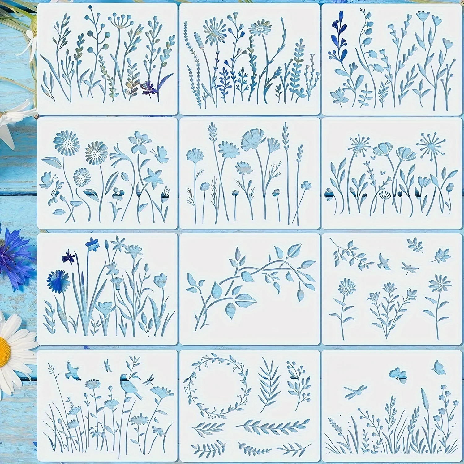 12 estênceis de flores para pintura, estênceis artesanais reutilizáveis, estênceis de pintura de arte diy para móveis, estênceis de flores silvestres de parede de piso de madeira, estênceis de pintura, estênceis de flores