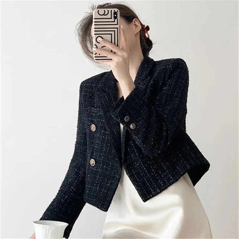 Vintage Zwarte Blazers Dames Elegant Korte Jas Koreaanse Herfst Winter Tweed Cropped Pak Tops Retro Casual Bovenkleding Nieuw