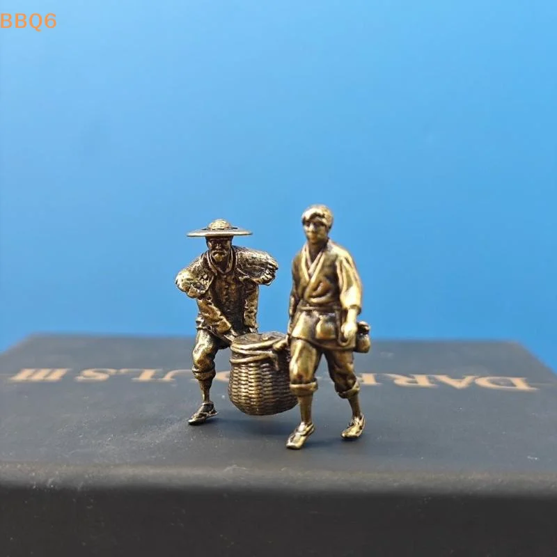 Brass Farmer Carrying A Bamboo Basket Miniature Landscape Figure Model Artificial Hill Ancient Style Scenery Decorative Ornament
