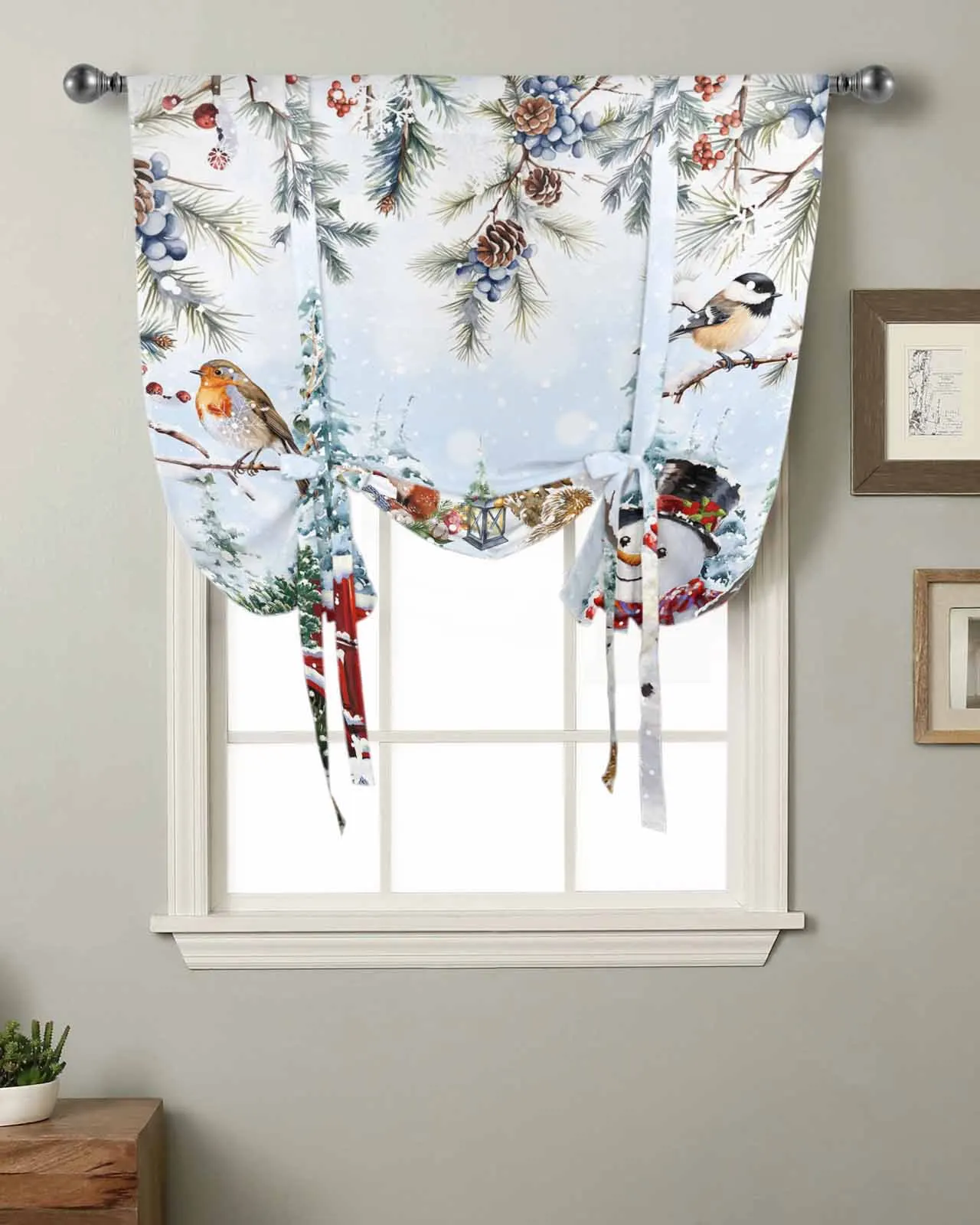 Christmas Snowman Truck Pinecone Short Balloon Curtain Tie Up Valance Home Bedroom Kitchen Partition Decor Window Curtain