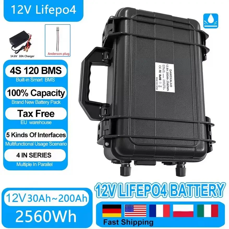 12V 200Ah Large Capacity Lithium Iron Phosphate LiFePO4 Battery Pack | Solar Storage, Waterproof+Comes with 14.6V 10A Charger