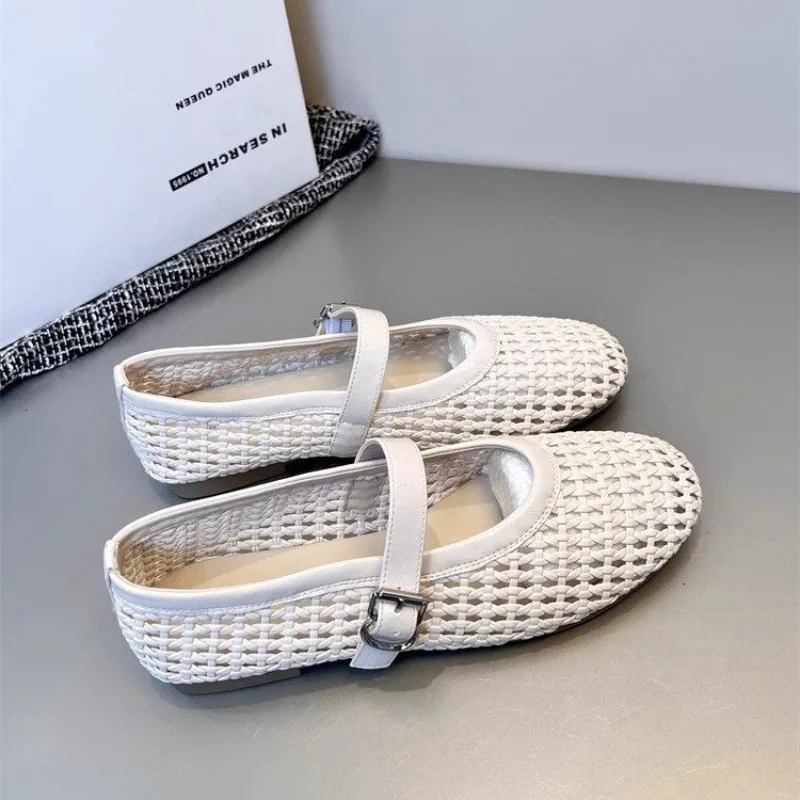 Damen-Sommer-Webschuhe, lässige flache Schuhe, bequeme Mary Jane mit runder Zehenpartie und geraden Schnallen, Netzsandalen