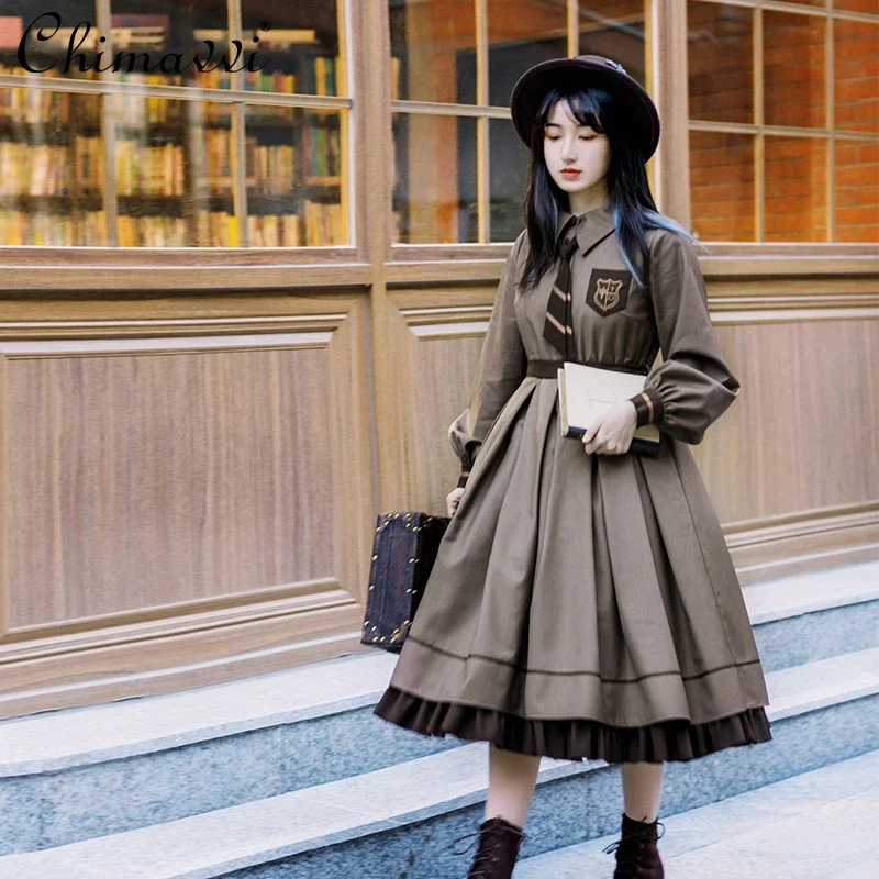 

Original Design Simple Cla Dress Set Spring and Autumn Daily Long-sleeved Mid-length Op Dress Cape Retro Lolita Two-piece Set