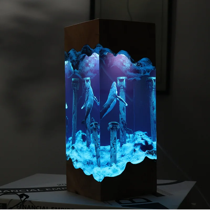 Glowing Resin Art Night Light Ocean Whale Diver Wood Base Home Decor Gift
