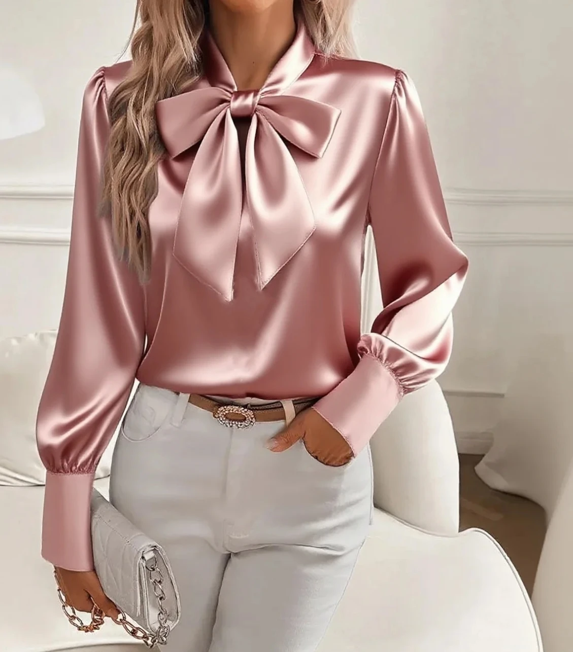 

Autumn solid colour casual versatile bow satin shirt women's clothing