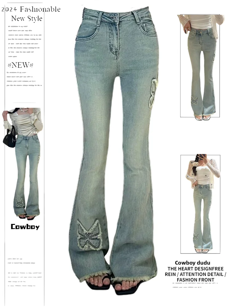 

American Style High Waist Slim Fit Bell Bottom Denim Jeans Women's Spring Autumn Embroidery Frayed Pants