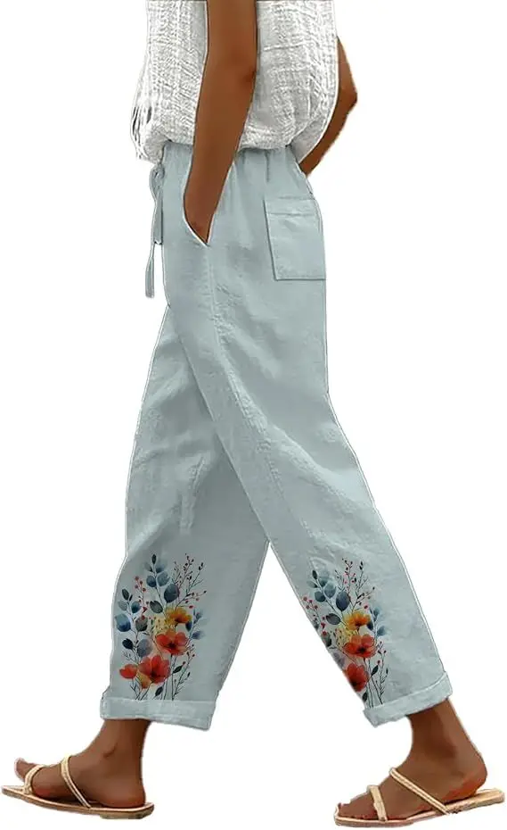 

Summer Linen Pants for Women Wide Leg Boho Pants Loose Palazzo Pants Floral Pants with Drawstring and Pockets