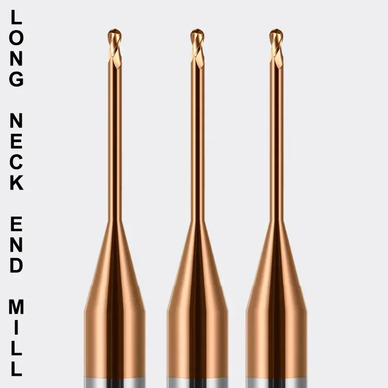 OUIO 1pc HRC60 Long Neck Ball Nose End Mills Deep Groove Carbide Milling Cutters CNC Router R0.15 R0.2 R0.3 R0.5 Taper Endmills