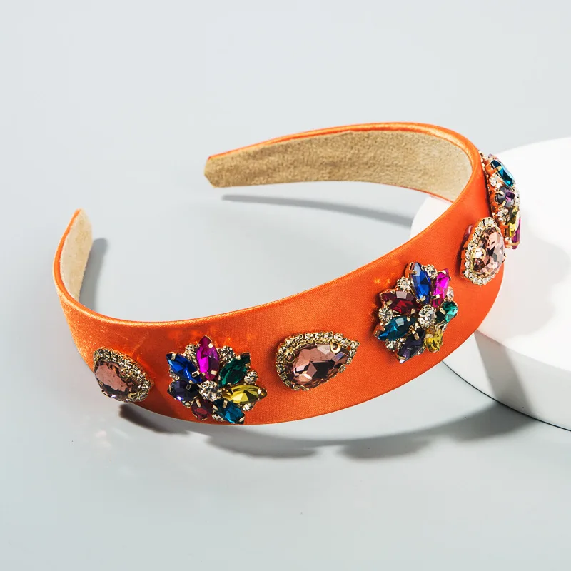 Luxury Baroque Orange Headband Hair Accessories Women Thickened Sponge Embroidery Prom Full Rhinestone Hairband Hair Hoop