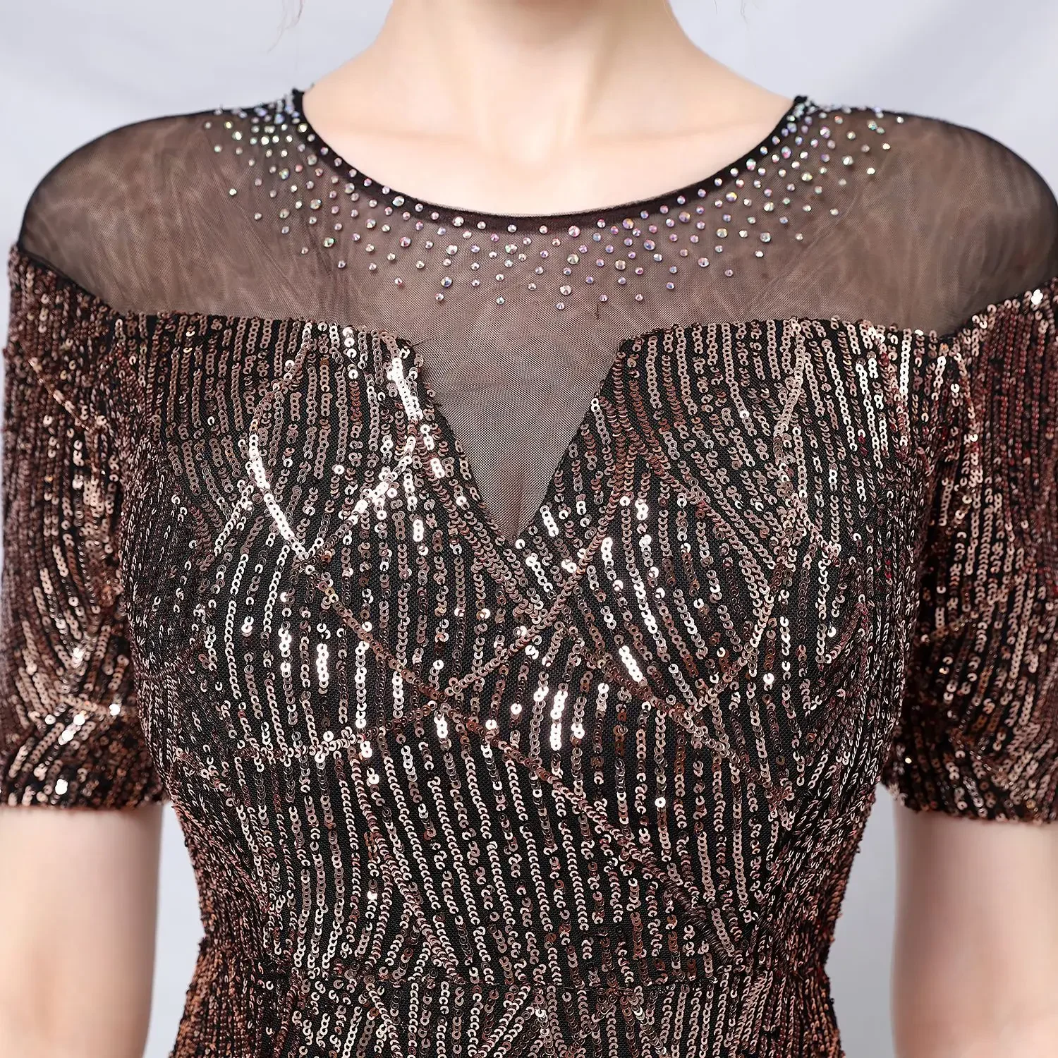 Robe de soirée à paillettes noires dorées pour femmes, col rond en cristal extensible, trompent de sirène à fermeture éclair, longueur au sol, robe de soirée formelle, quel que soit YE031