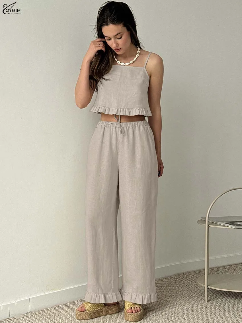 

Oymimi Summer Khaki Cotton 2 Piece Sets Woman Outfit Casual Spaghetti Strap Open Back Crop Tops And Drawstring Trousers Sets
