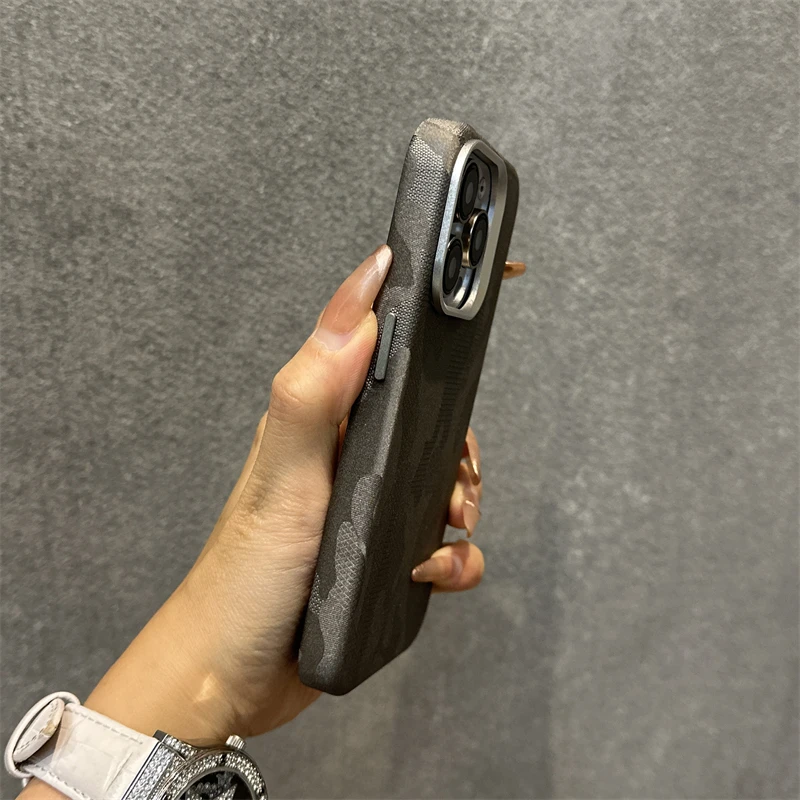 Camouflage PU Leather Magnetic Phone Case For iPhone 16 17Pro Max 15 13 14 Pro 17 Wireless Charging Alloy Lens Shockproof Cover
