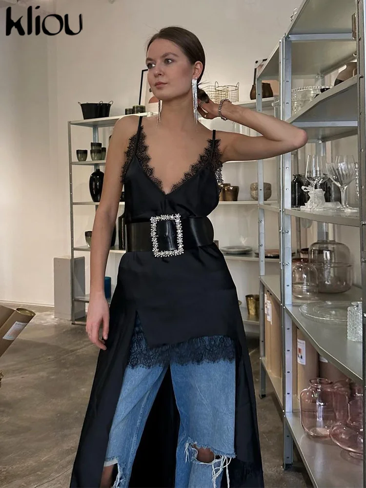 kliou Summer Women Ankle-Length High Street Imitated silk Dress K24D47544 Girl Lace Patchwork V-Neck Slim Vestidos Elegant Robe
