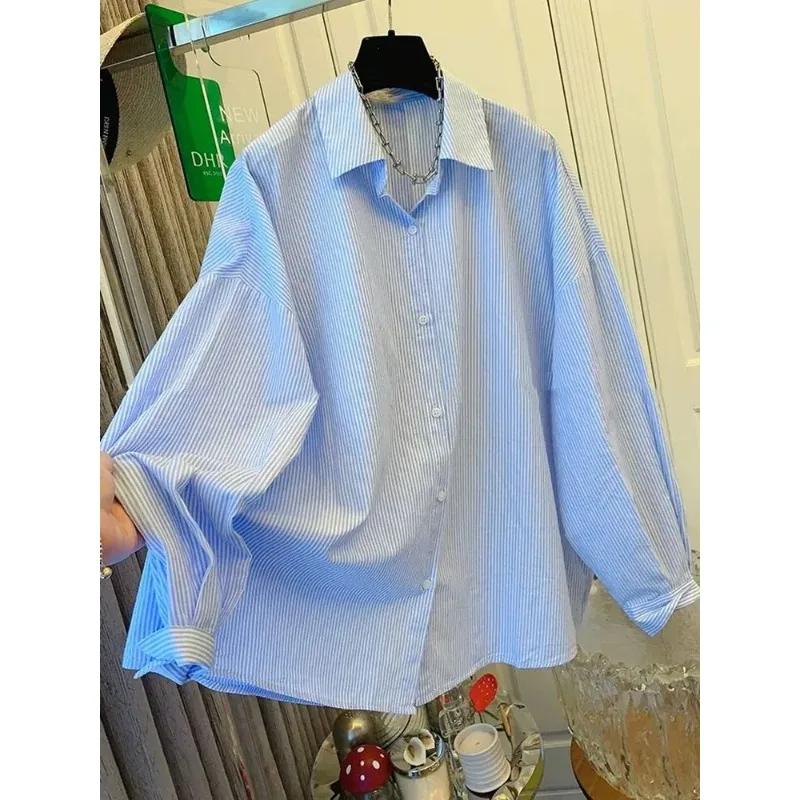 Fashionable Lazy Style Back Slit Striped Shirt Jacket Women's Autumn French Loose Chic Top