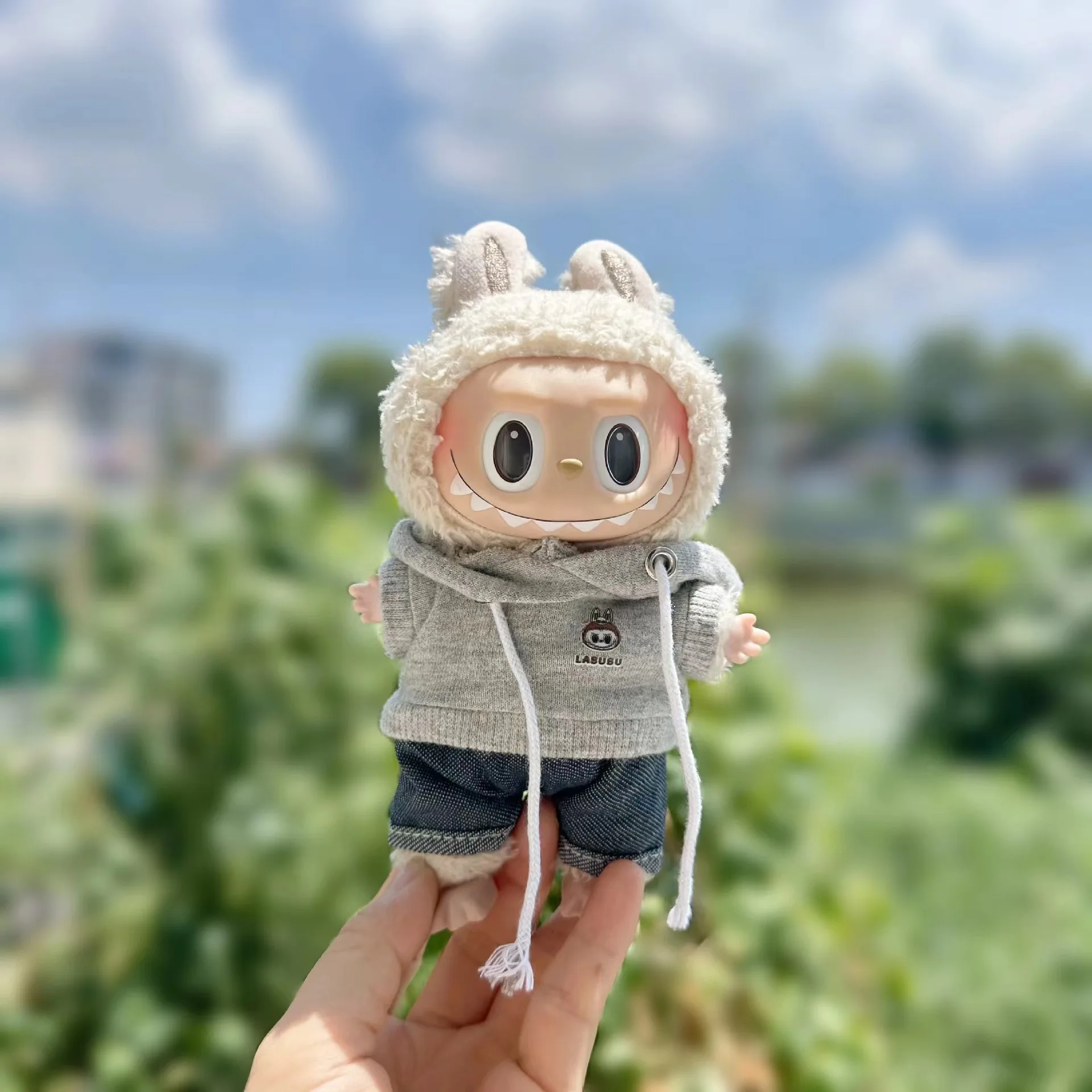 17 cm süße Mini-Labubu-Kleidung, Plüsch-Hoodie, Idol-Puppen, Overall, Kleidung, Fans, Overalls, kein Puppenzubehör für Korea, Kpop, Exo