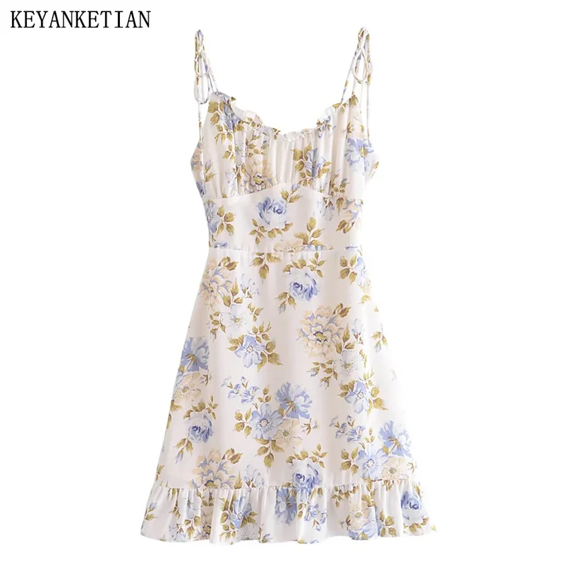 

KEYANKETIAN New Summer Women's Garden Floral Print Halter Dress Holiday Wind Cascading Backless Zipper Sleeveless Mini Dress