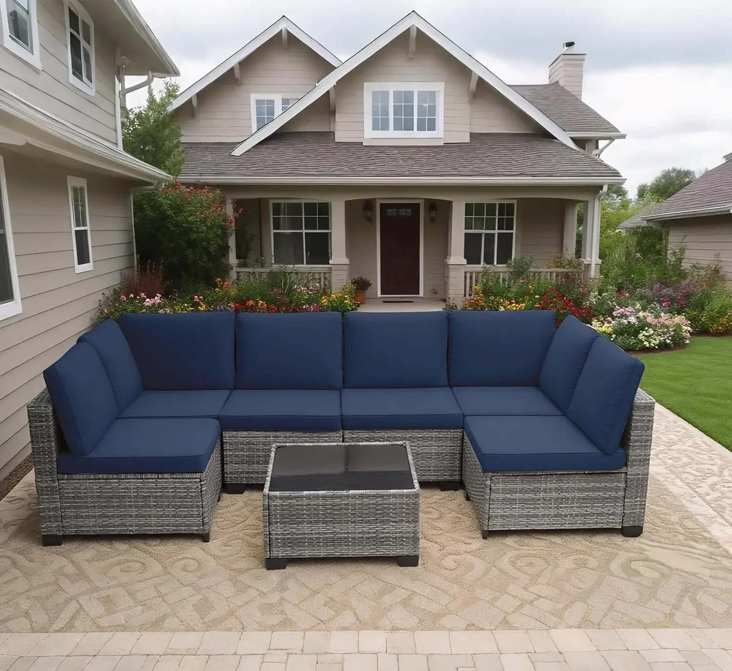 

Комплект садовой мебели из 7 предметов, всепогодный модульный диван из серого ротанга PE с элементами из стекла, на заказ