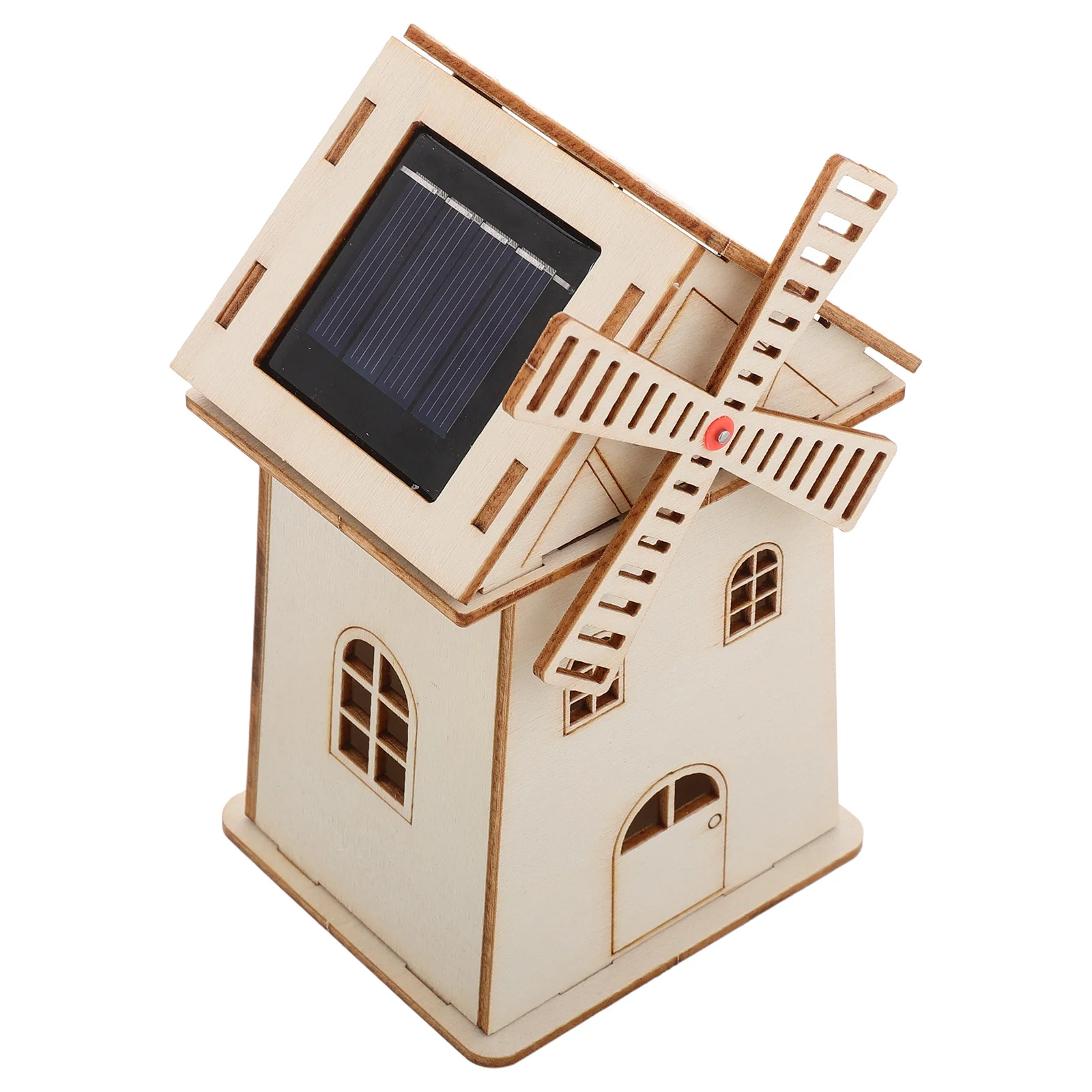Casa mulino a vento solare in legno non finito Kit di montaggio fai-da-te Esperimento educativo scientifico Ornamento solare Modello di casa mulino a vento
