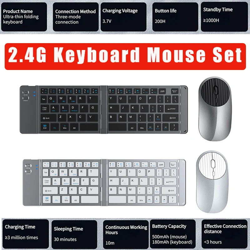 Foldable Keyboard Mouse Set Wireless Keypad Type-C 3modes Bluetooth Key Board Tablet Phone Stand for iPad Smartphone Laptop