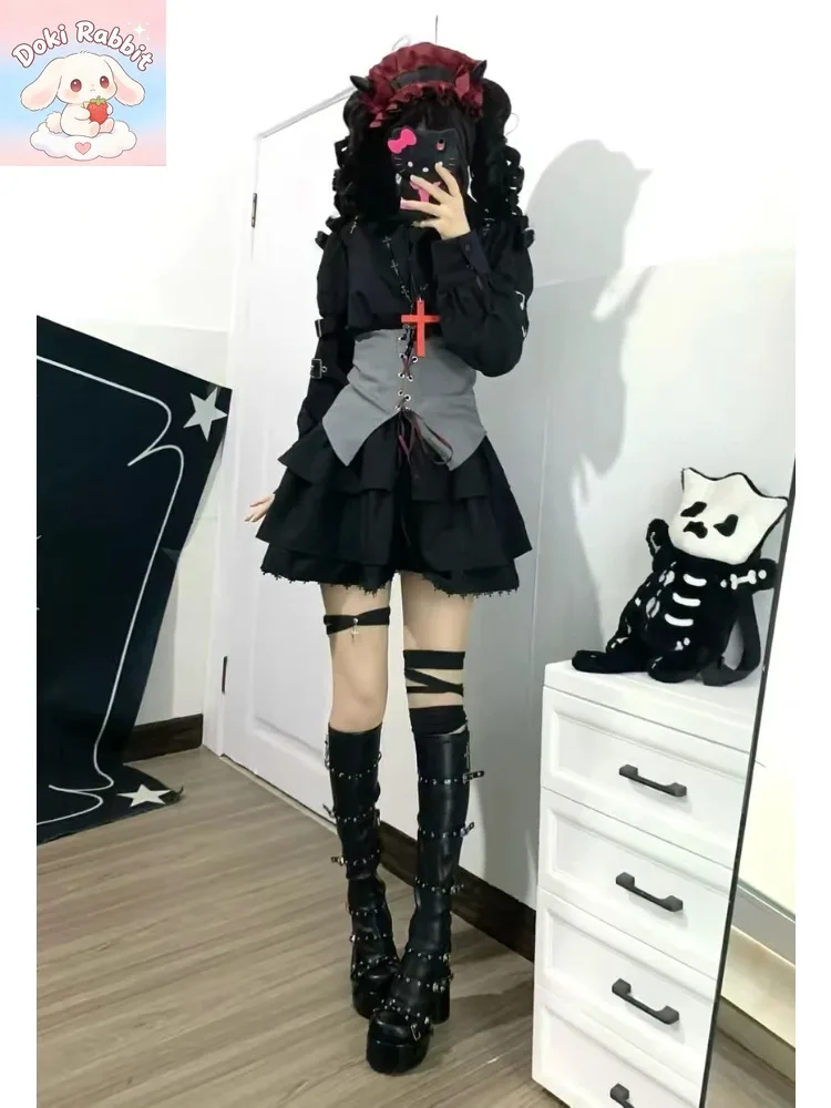 Autumn Winter Harajuku Gothic Dark Japanese Y2k Design Women's 2 Piece Set Chic Sweet Slim Fit Court Vintage Subcultural Outfits