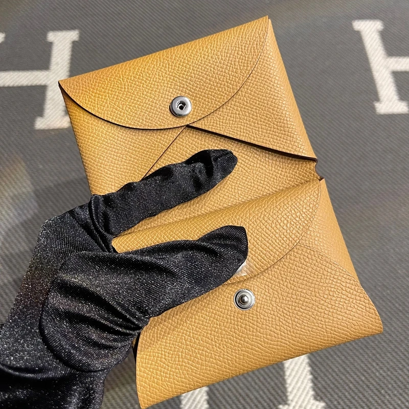 Genuine Leather Key Coin Document Pouch Button Closure Hard  Milk Tea Color Wallet Diagonal Short Style Men's Wallet