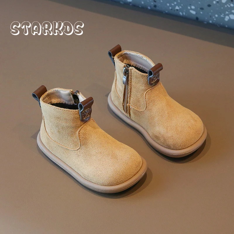 Botas cortas cálidas de felpa para bebés y niños pequeños, botines planos con cremallera lateral, zapatos informales de invierno