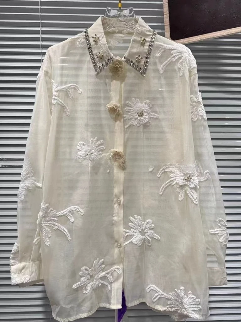 Fashion Diamond-encrusted Flower Thin Shirts Women's 2025 Summer New Loose Comfort Shirts Feminine Long-sleeve Sunscreen Tops
