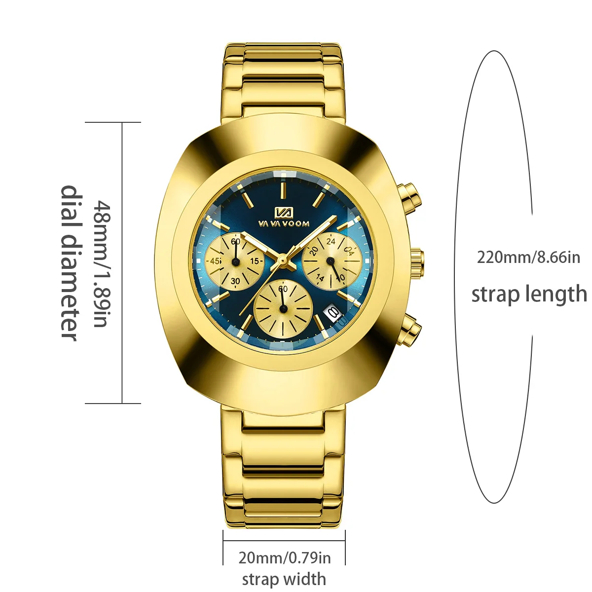 ساعة كوارتز متعددة الوظائف للرجال، حزام من الفولاذ المقاوم للصدأ، نمط عمل ذهبي أزرق، ساعة يد رياضية بيضاوية عصرية