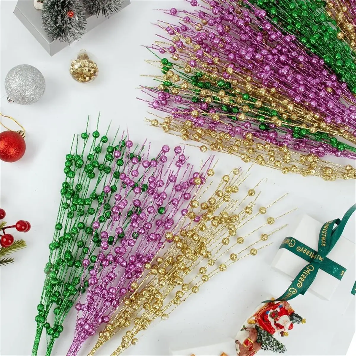 18 Pcs Mardi Gras Decoration Mardi Gras Floral Picks Tree Decorations 17 Inch Carnaval Glitter Berry Stems