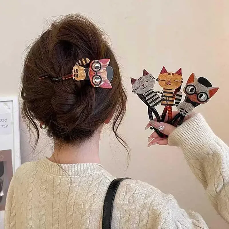 Bonito dos desenhos animados gato torção grampos de cabelo meninas acrílico pérola garra de cabelo caranguejo presilhas hairpin moda feminina acessórios para o cabelo
