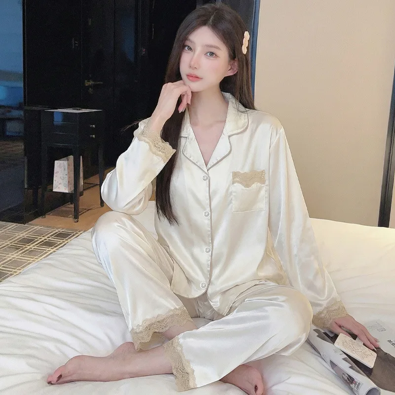 High-End Ice Silk Long-Sleeve Women's Pajamas, Thin Spring and Summer Version, Lace Trim, Pure Desire Style, Silk-Feel Loungewea