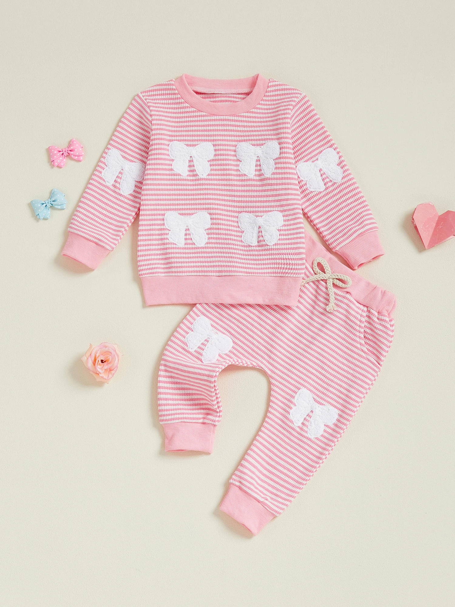 

Очаровательный осенний комплект одежды в полоску для маленьких девочек с милым бантом и удобным эластичным поясом, идеально подходящий для осени