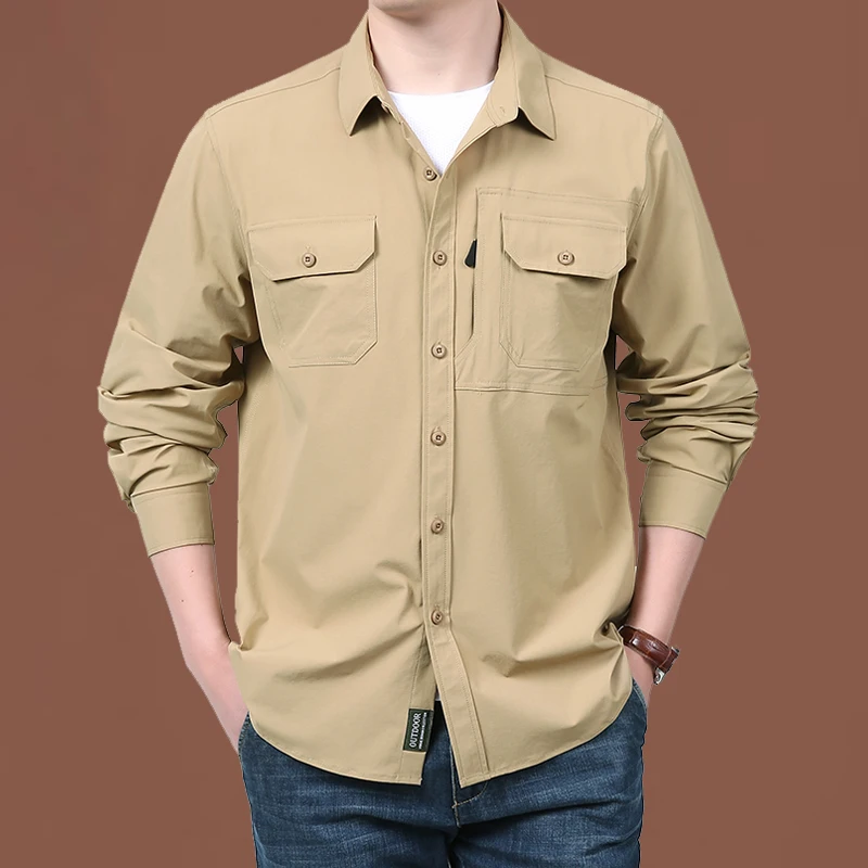 Quality Mens Tactical Long-sleeved Shirt Fall Outdoor Multi-pocket Elastic Quick-drying Utility Ripstop Hiking Safari Work Shirt