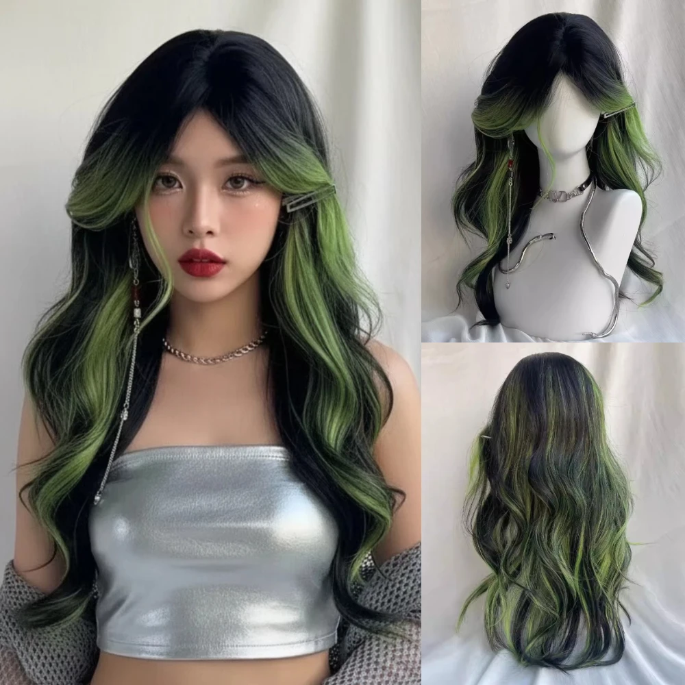

Long Synthetic Wavy Black Ombre Green Layered Wig Fluffy Women Heat Resistant Wig for Daily Party Lolita Cosplay