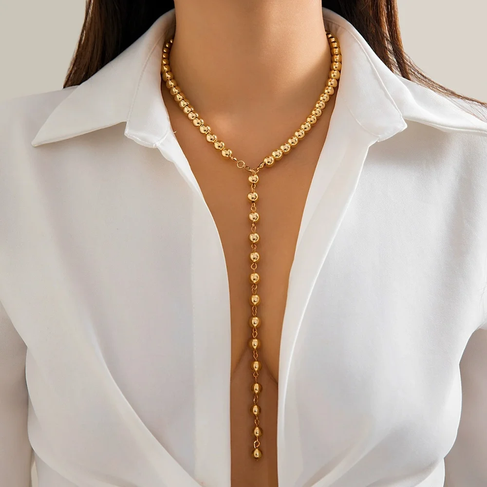 Neue Goldene Silberne Geometrische Simulierte Perlen Lange Quasten-Halskette Trendiger Einzigartiger Einfacher Vielseitiger Retro-Charm Schmuck Geschenk