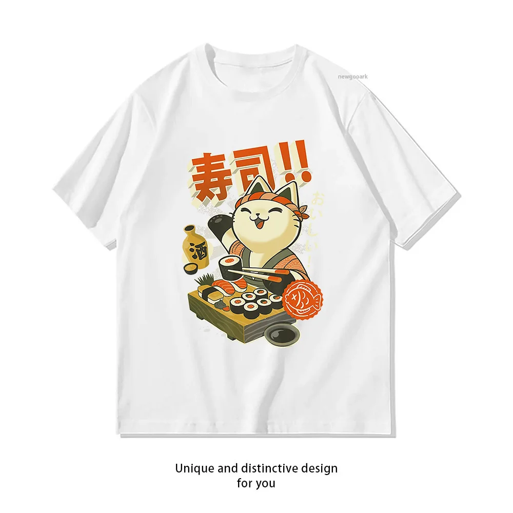 Lustiges Sushi Cat Chef Otaku Japanisches T-Shirt für Damen und Herren, lässiges Baumwoll-Grafik-T-Shirt für Erwachsene, O-Ausschnitt, kurzärmelig