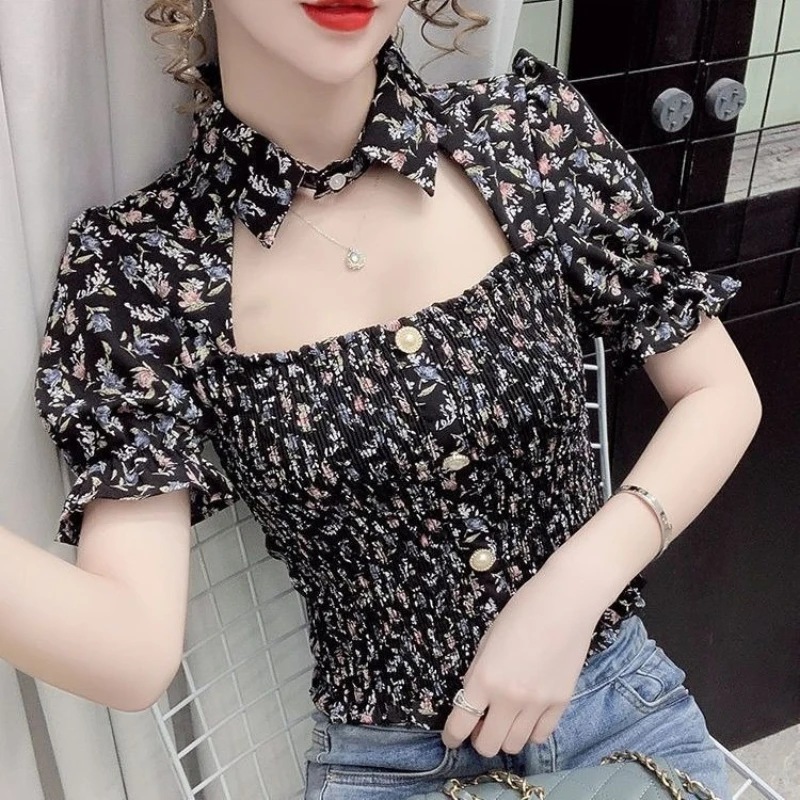 

Женская модная блузка с цветочным принтом, лето 2026, с квадратным вырезом, укороченная, подчеркивающая талию, повседневная, элегантная, с рукавами