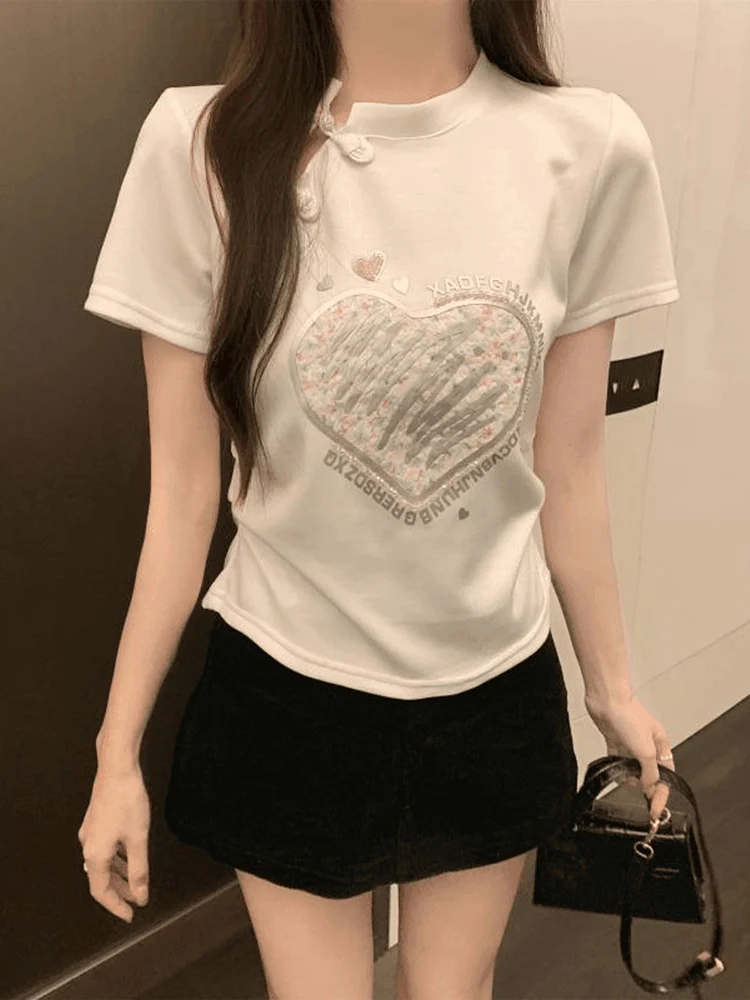 

Новая китайская женская летняя футболка с коротким рукавом, приталенная, с вышивкой и принтом, на пуговицах, в корейском стиле, с круглым вырезом
