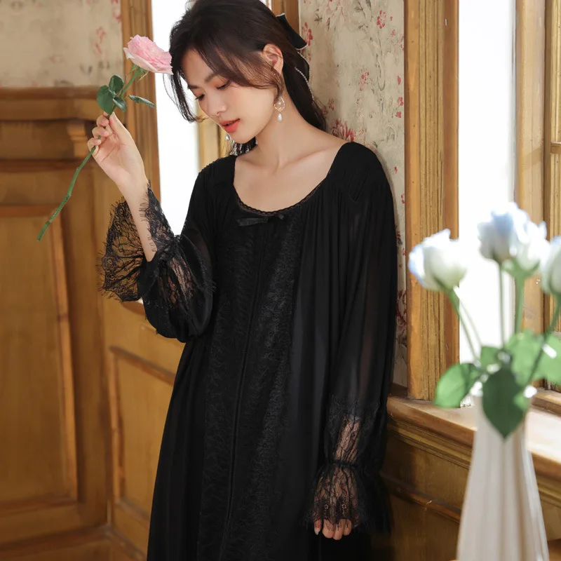 Good Quality Mesh Loose Night Dress Women Fairy White Black Lace Peignoir Robe Long Sleeve Nightgown Princess Sleepwear Homewear